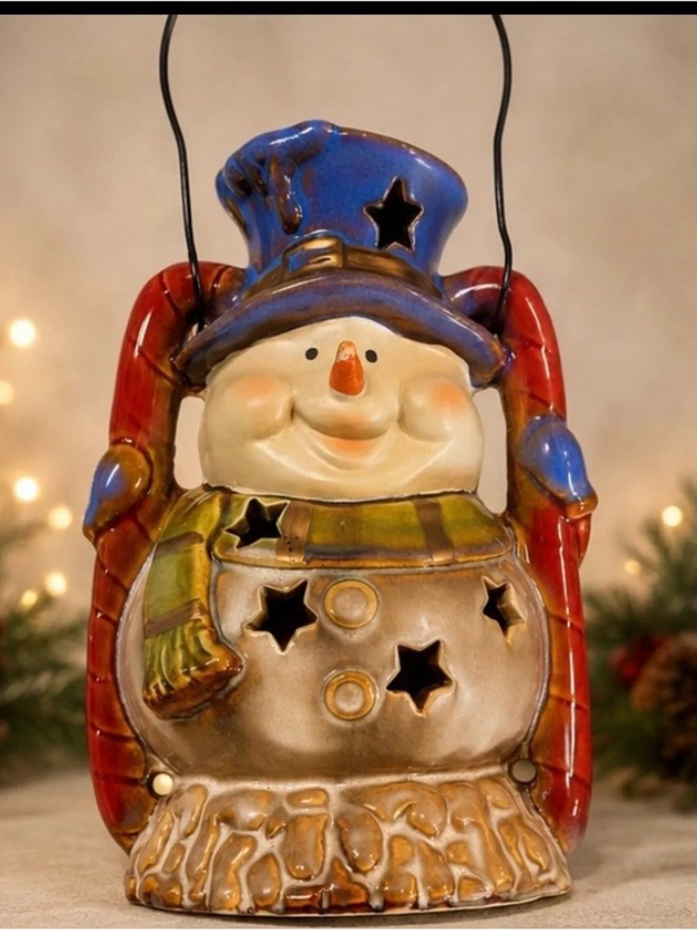 Ceramic Snowman Luminary Candle Holder Star Cutouts Wire Handle Christmas Decor